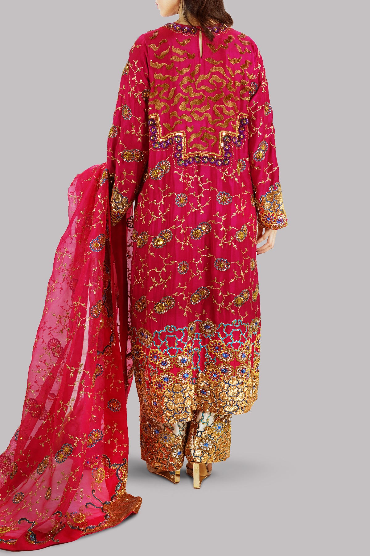 Tango Red Embellished Raw Silk Set