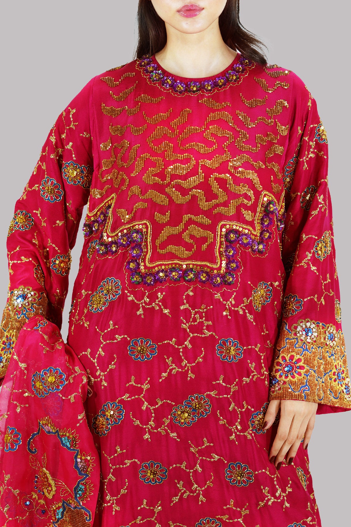 Tango Red Embellished Raw Silk Set