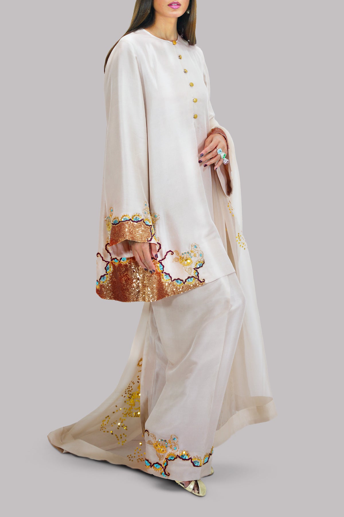 White Swan Embellished Raw Silk Set