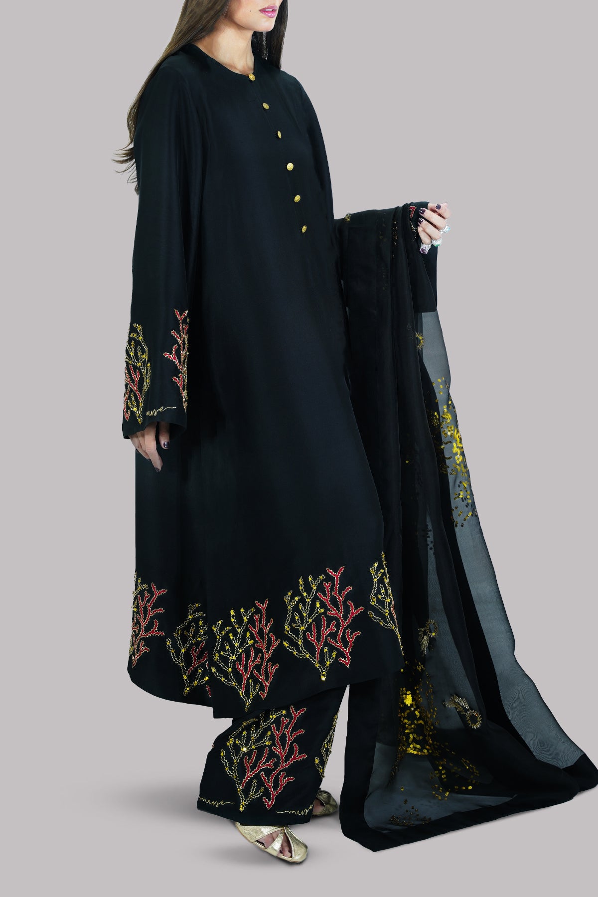 Black Embellished Raw Silk Set