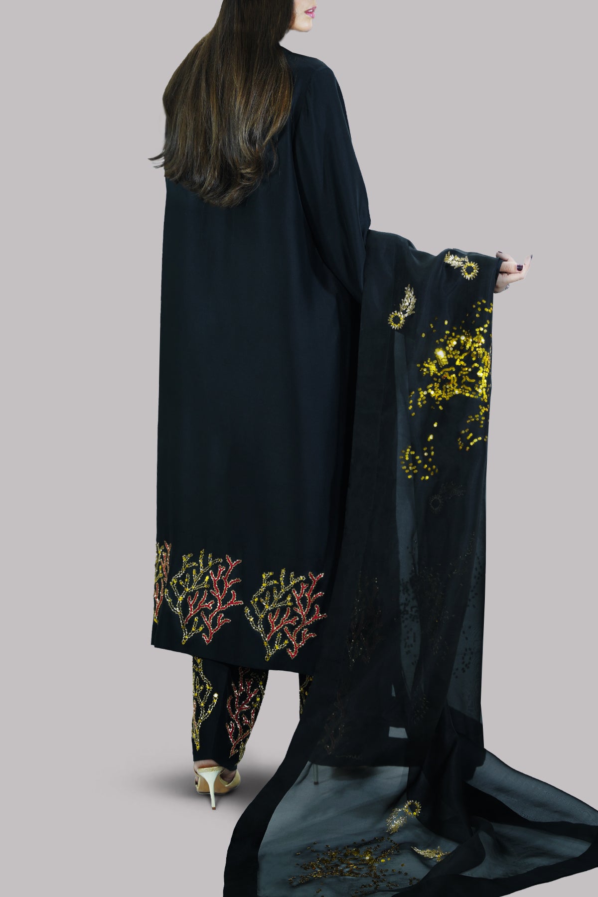Black Embellished Raw Silk Set