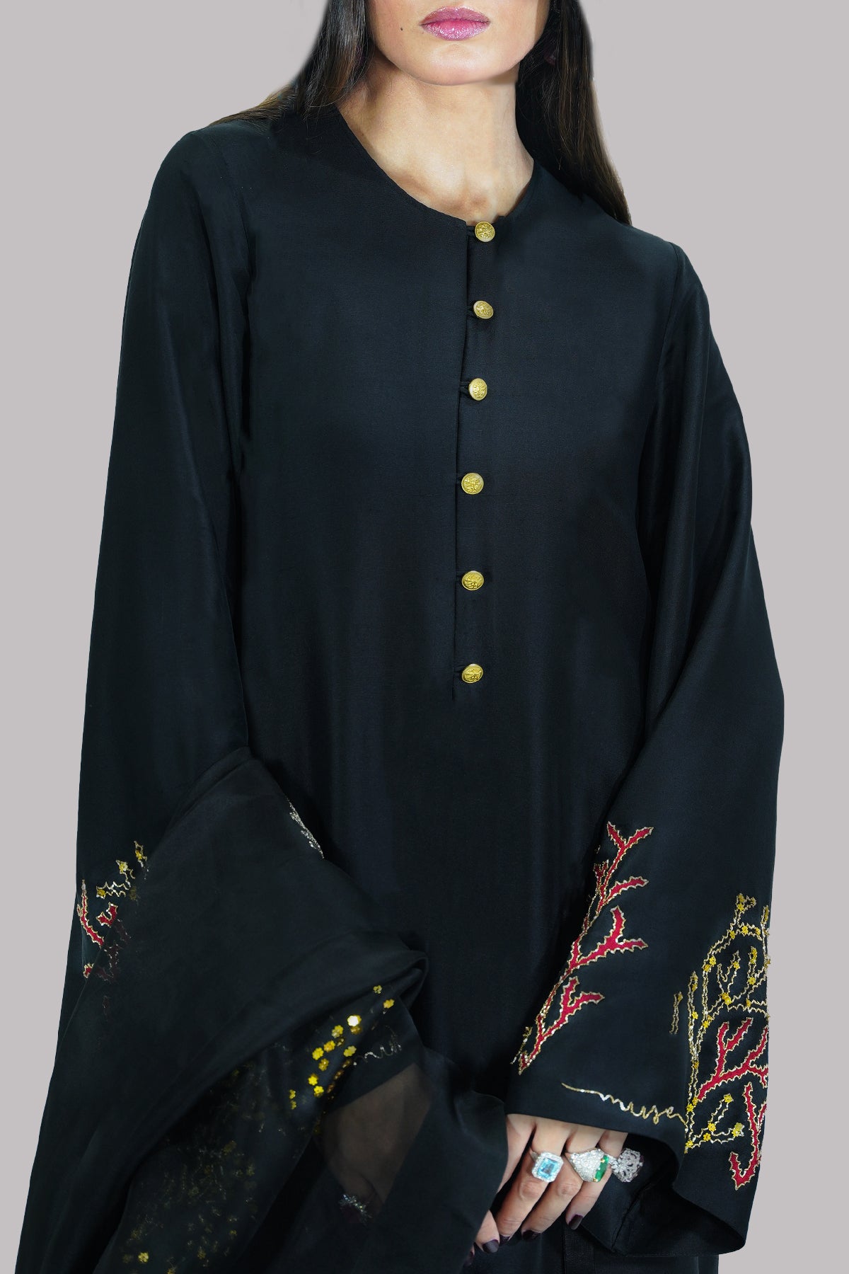 Black Embellished Raw Silk Set