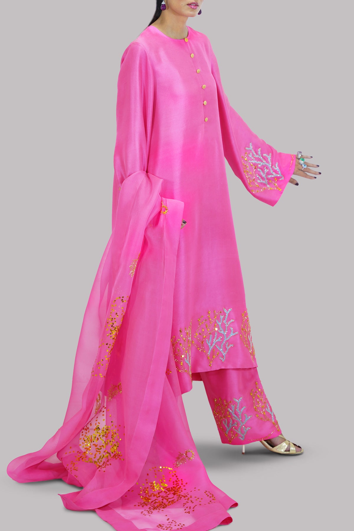 Azalea Pink Embellished Raw Silk Set