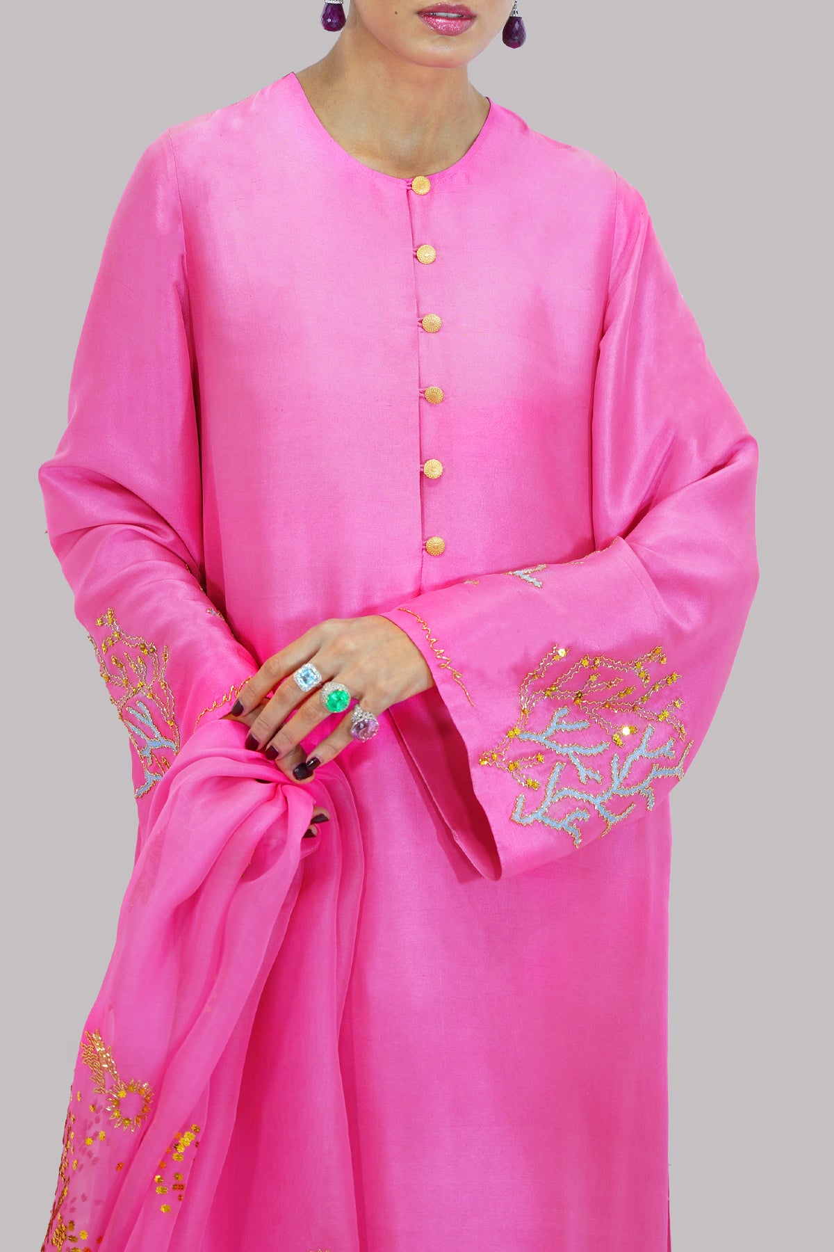 Azalea Pink Embellished Raw Silk Set