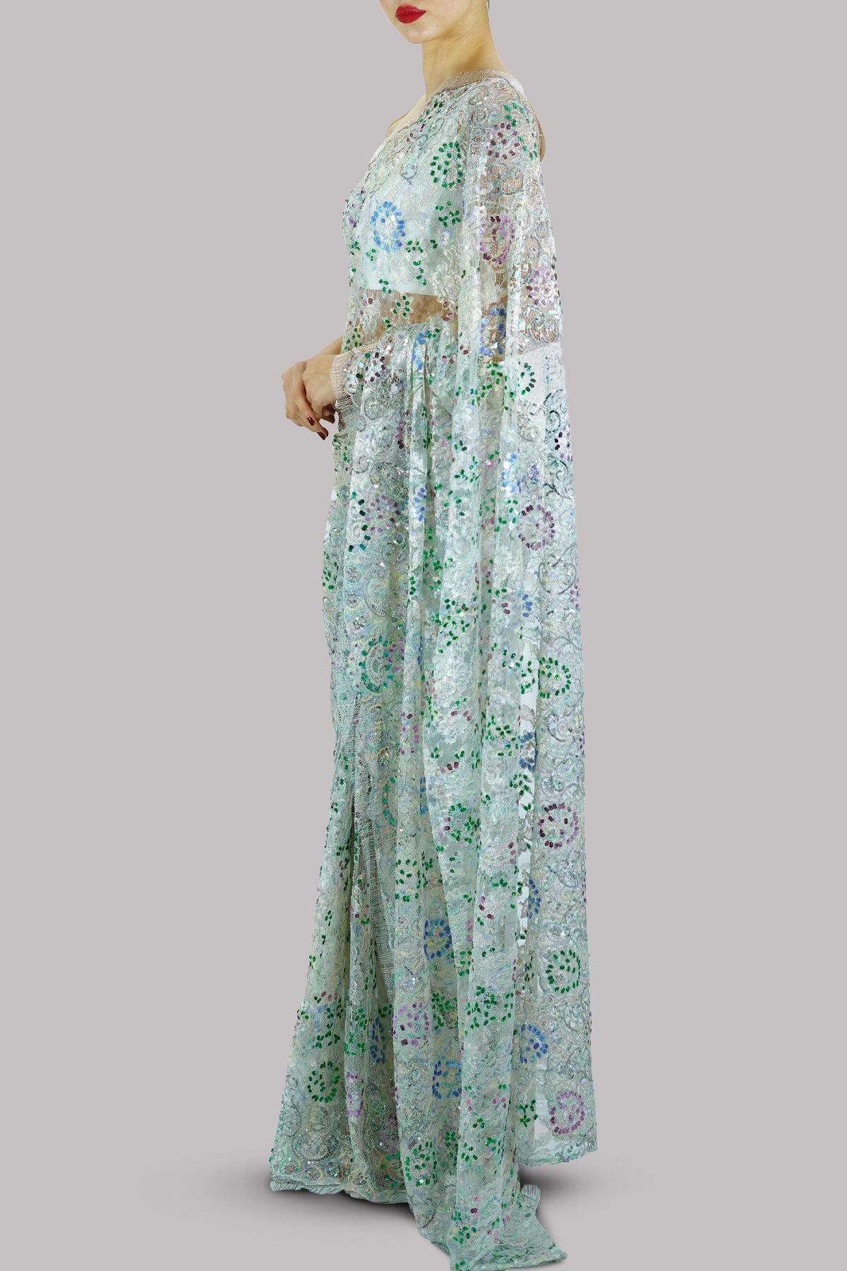Icicle Multitone Embellished Chantilly Lace Sari