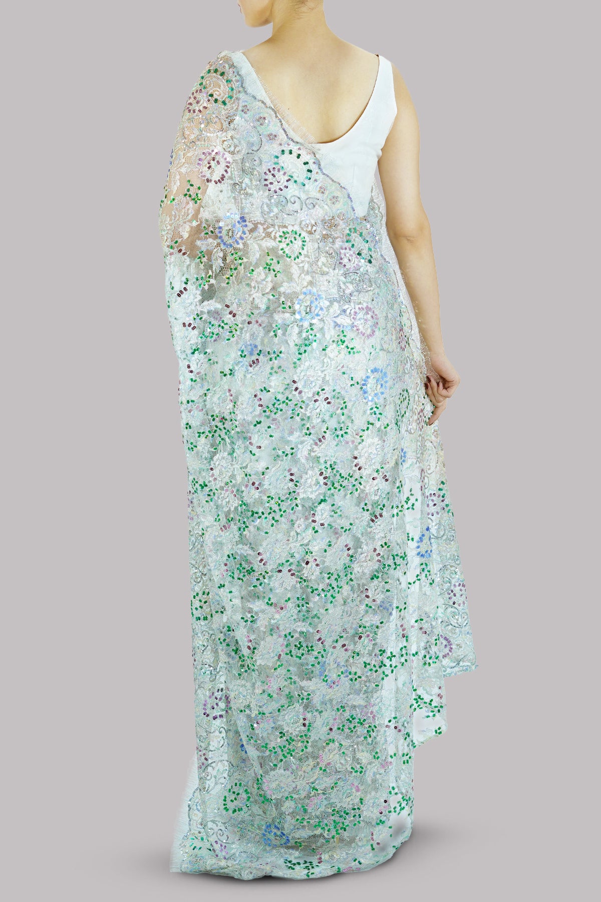 Icicle Multitone Embellished Chantilly Lace Sari