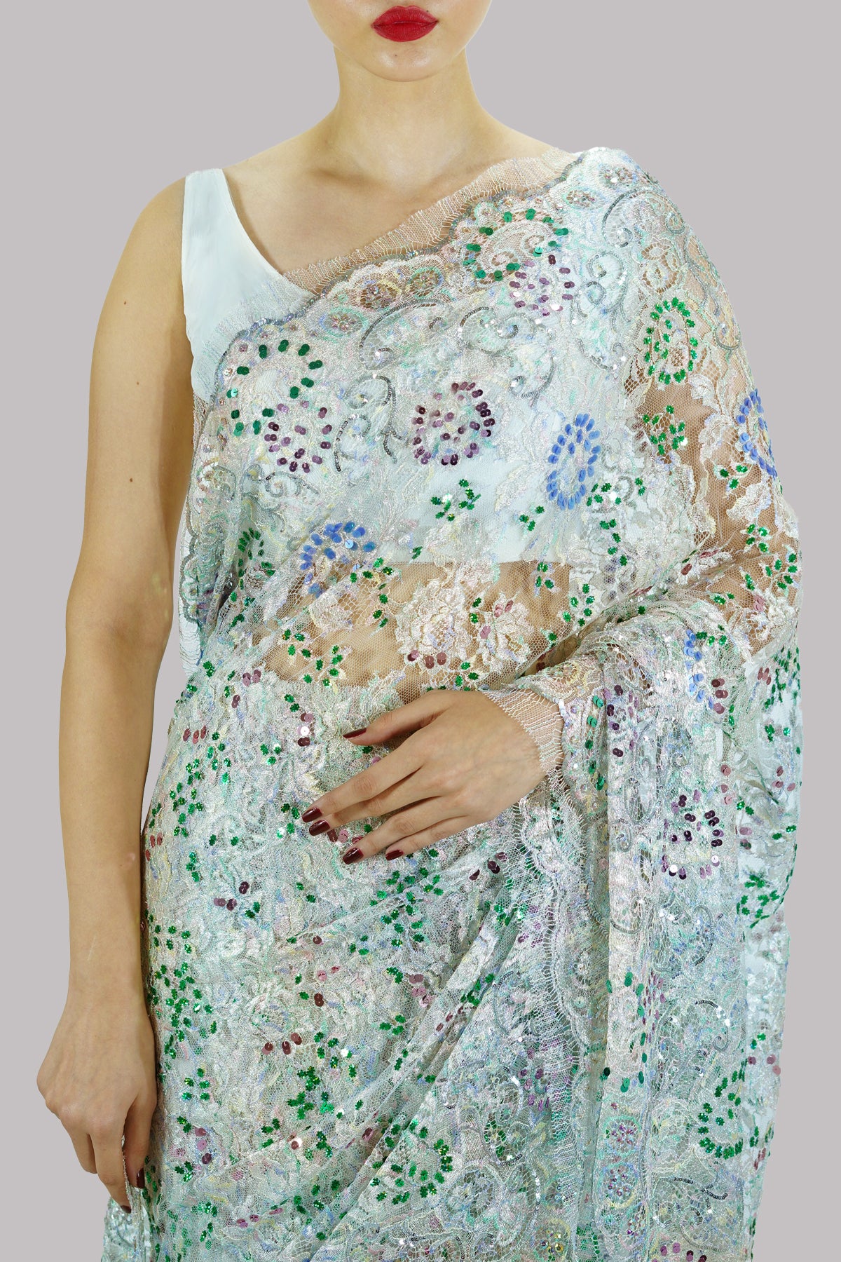 Icicle Multitone Embellished Chantilly Lace Sari