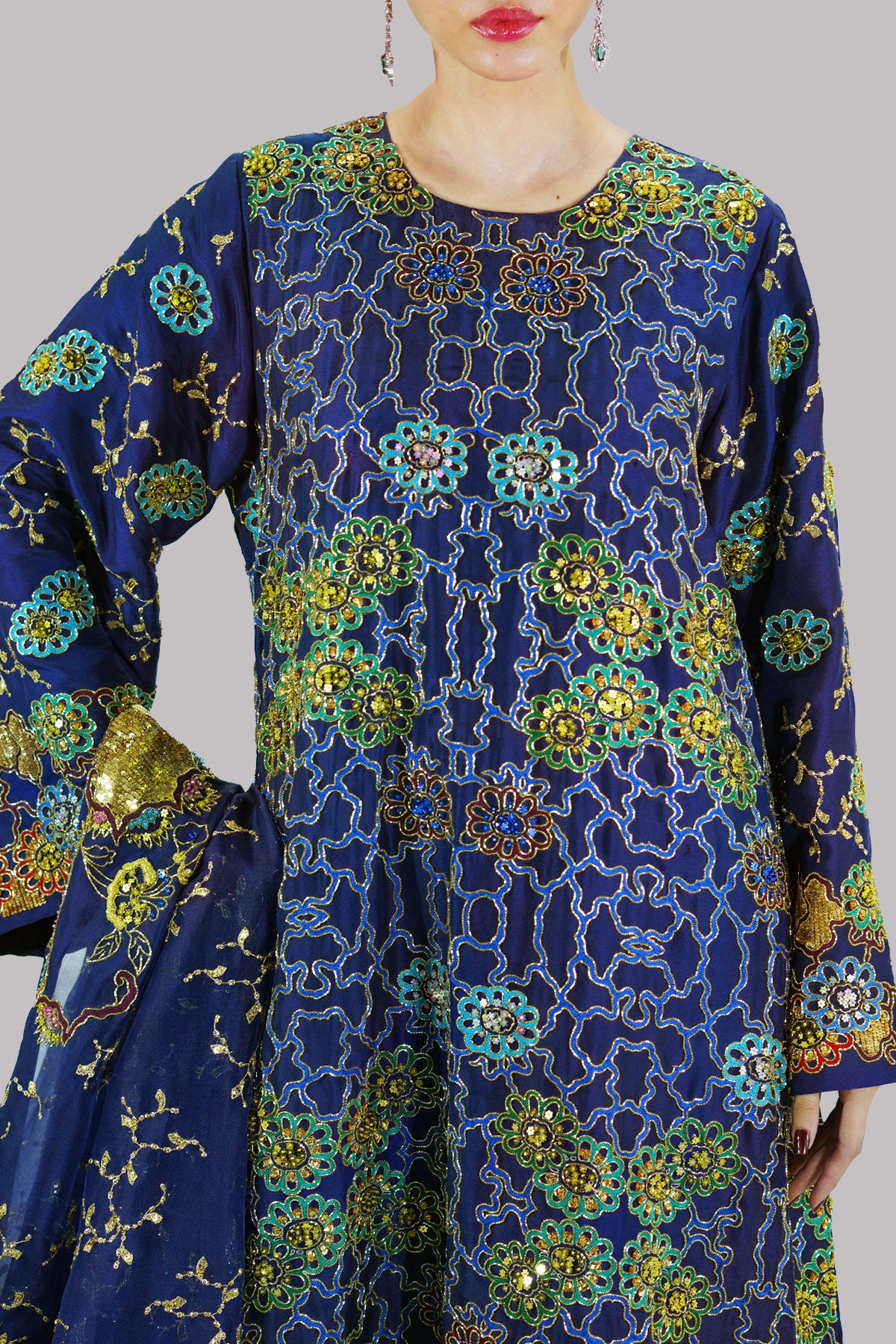 Pageant Blue Embellished Raw Silk Set