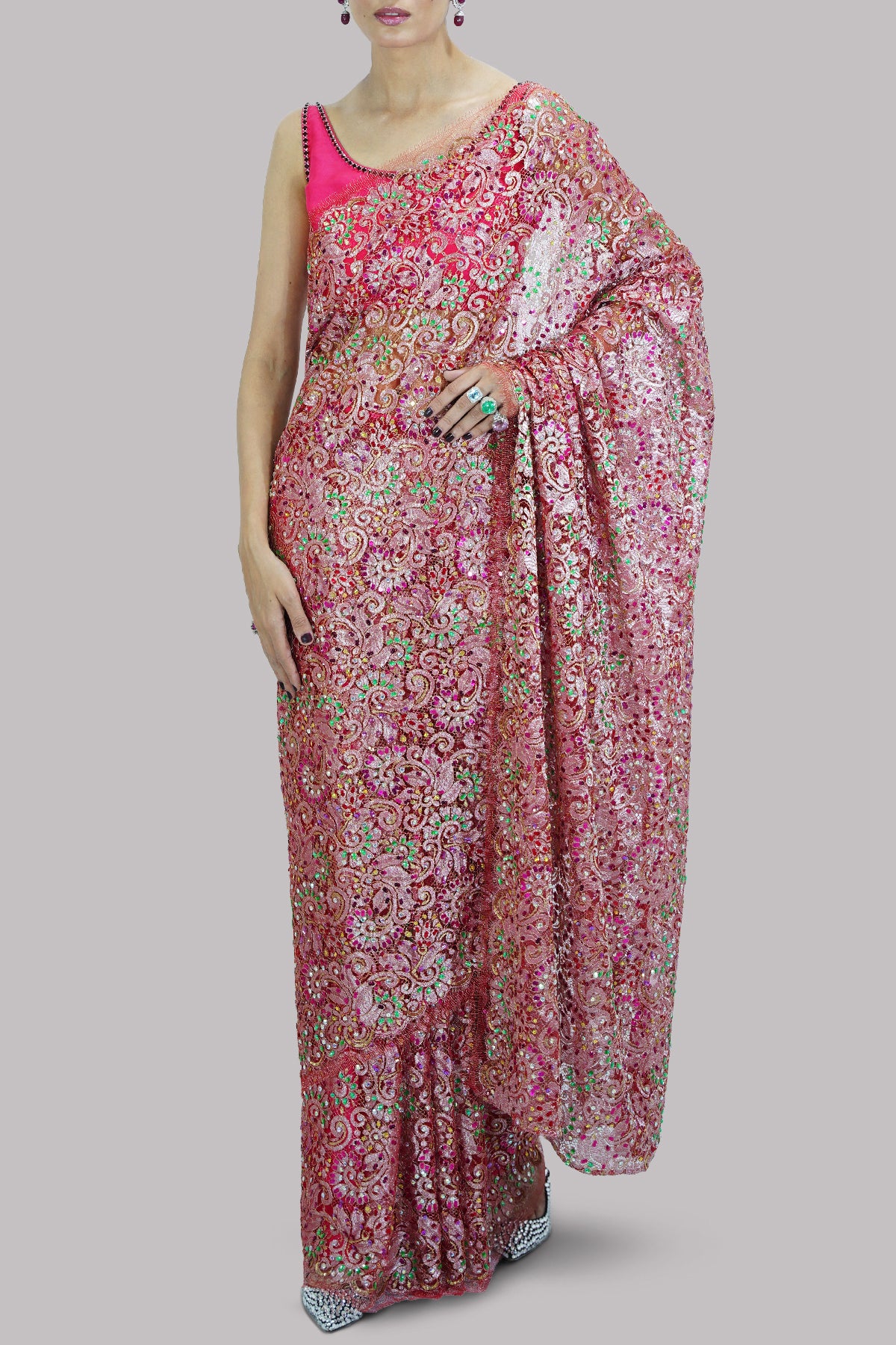 Tea Berry Embellished Chantilly Lace Sari