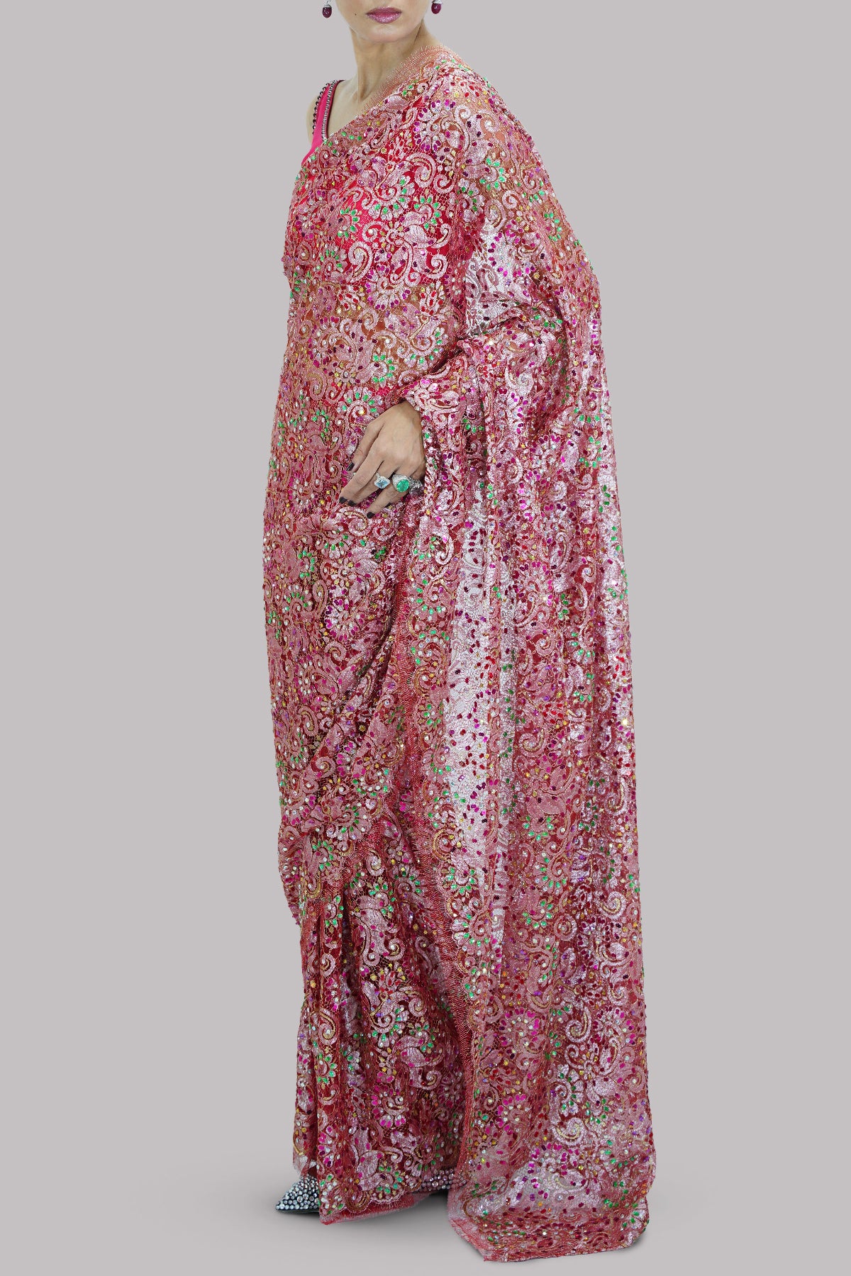 Tea Berry Embellished Chantilly Lace Sari