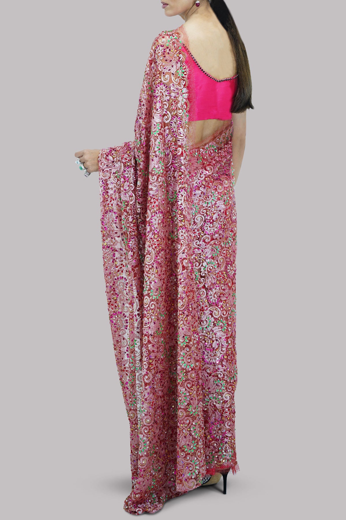 Tea Berry Embellished Chantilly Lace Sari