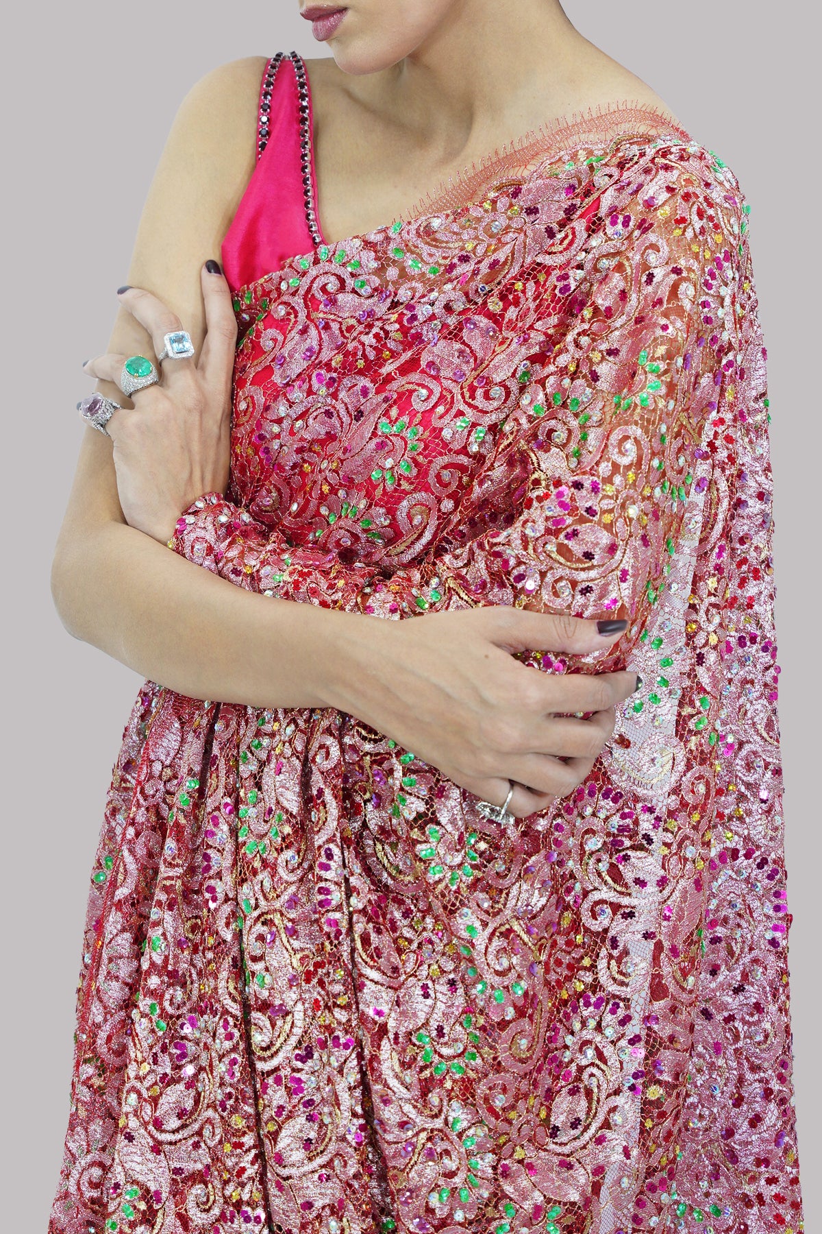 Tea Berry Embellished Chantilly Lace Sari