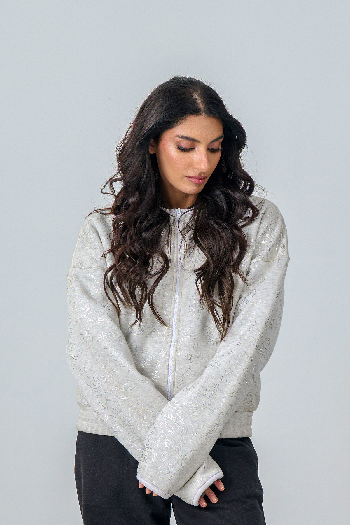 Cropped Zipper Jacket with Silver Foil Print (Heather Grey)