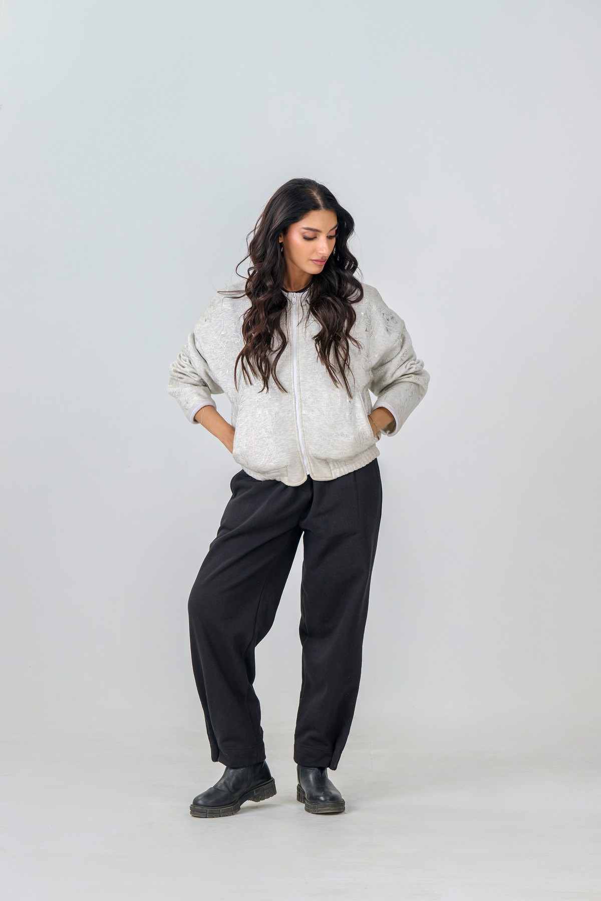 Cropped Zipper Jacket with Silver Foil Print (Heather Grey)