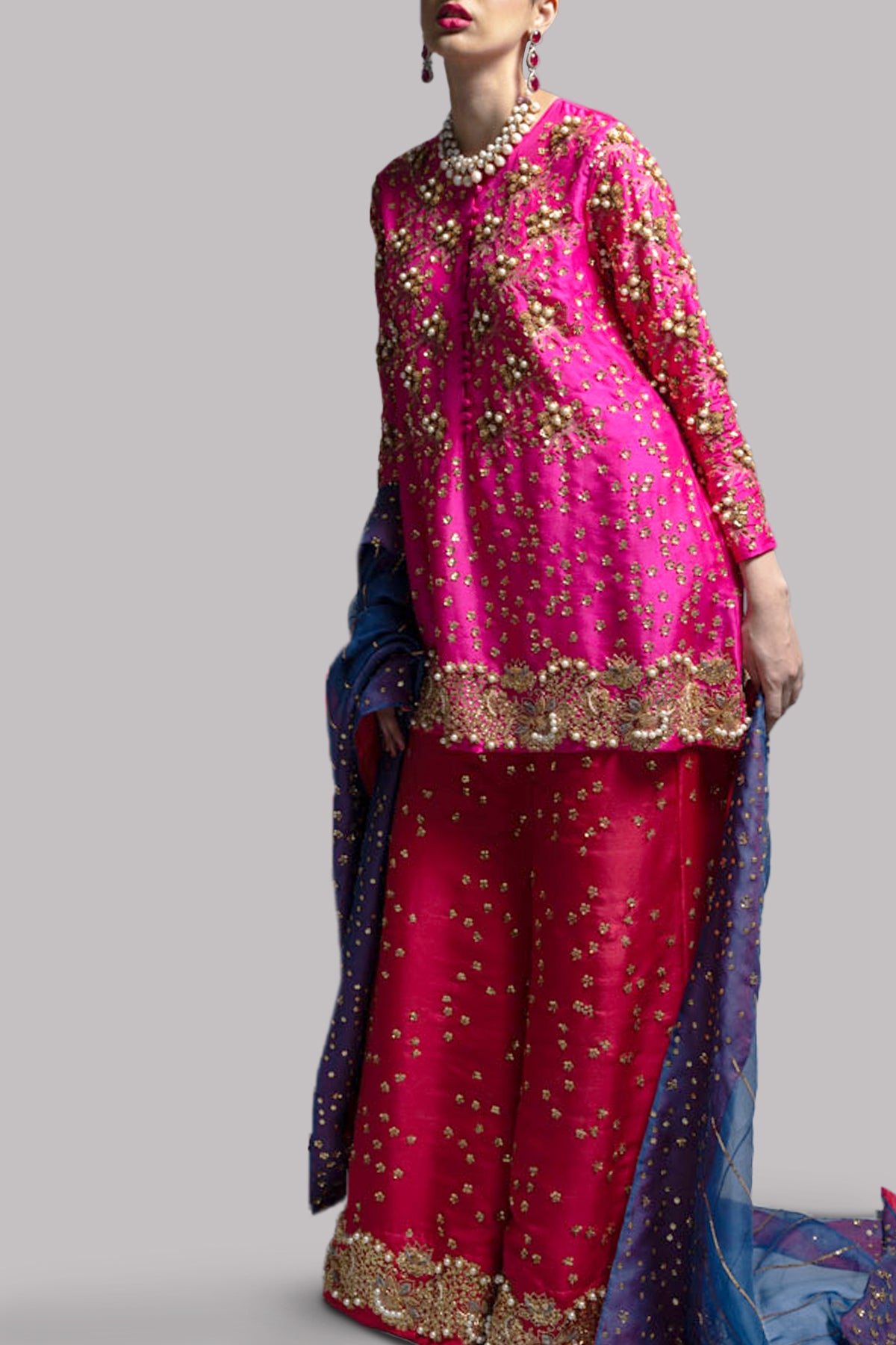 Beetroot Purple &amp; Tango Red Embellished Raw Silk Set