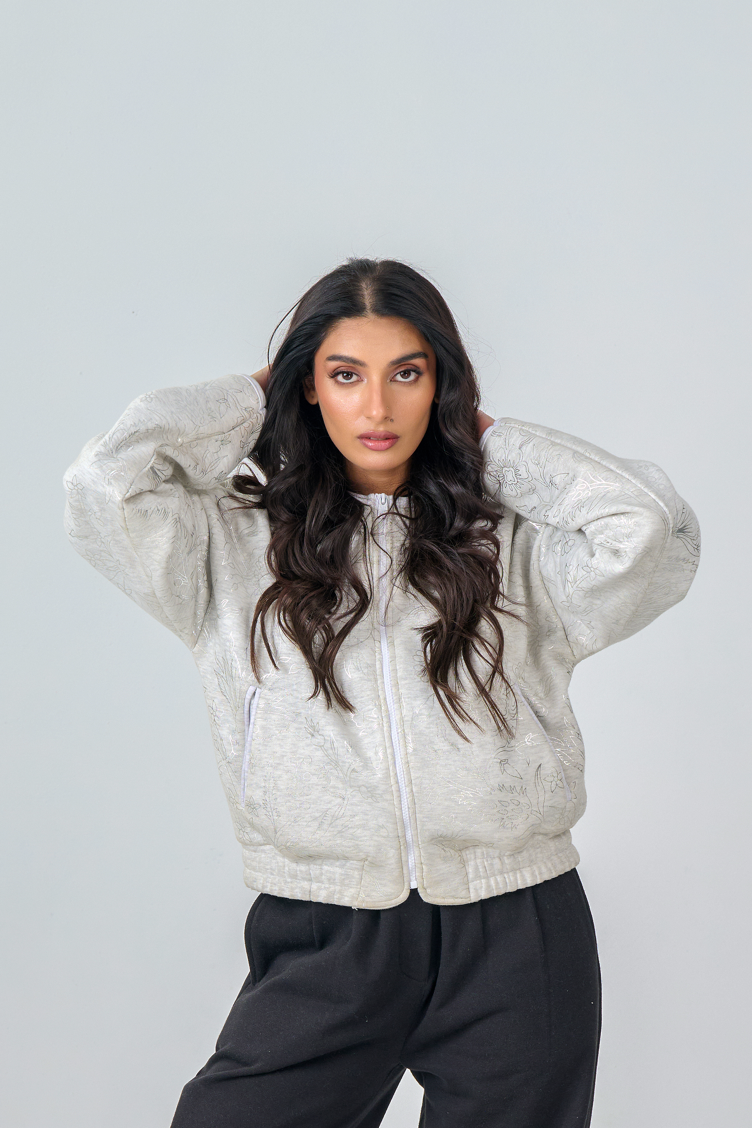Cropped Zipper Jacket with Silver Foil Print (Heather Grey)