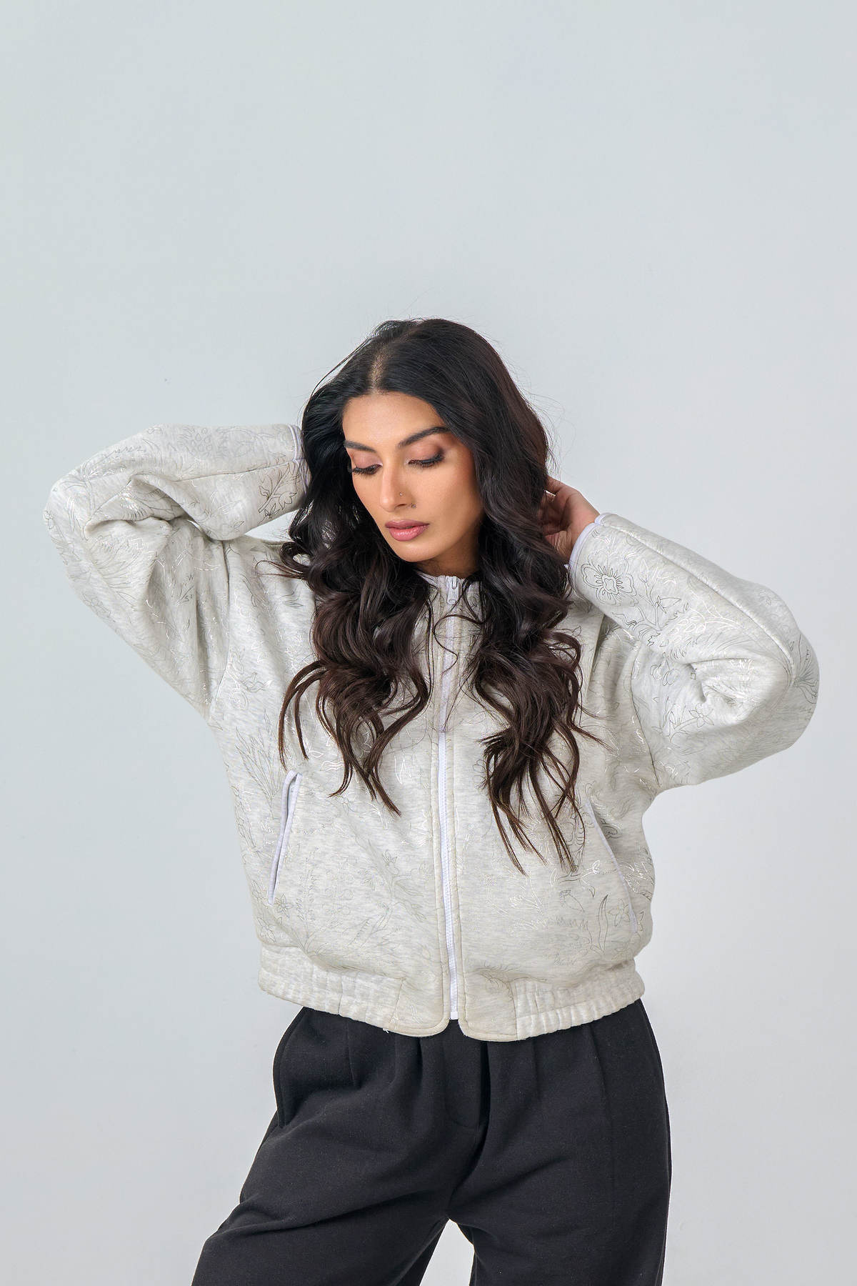 Cropped Zipper Jacket with Silver Foil Print (Heather Grey)