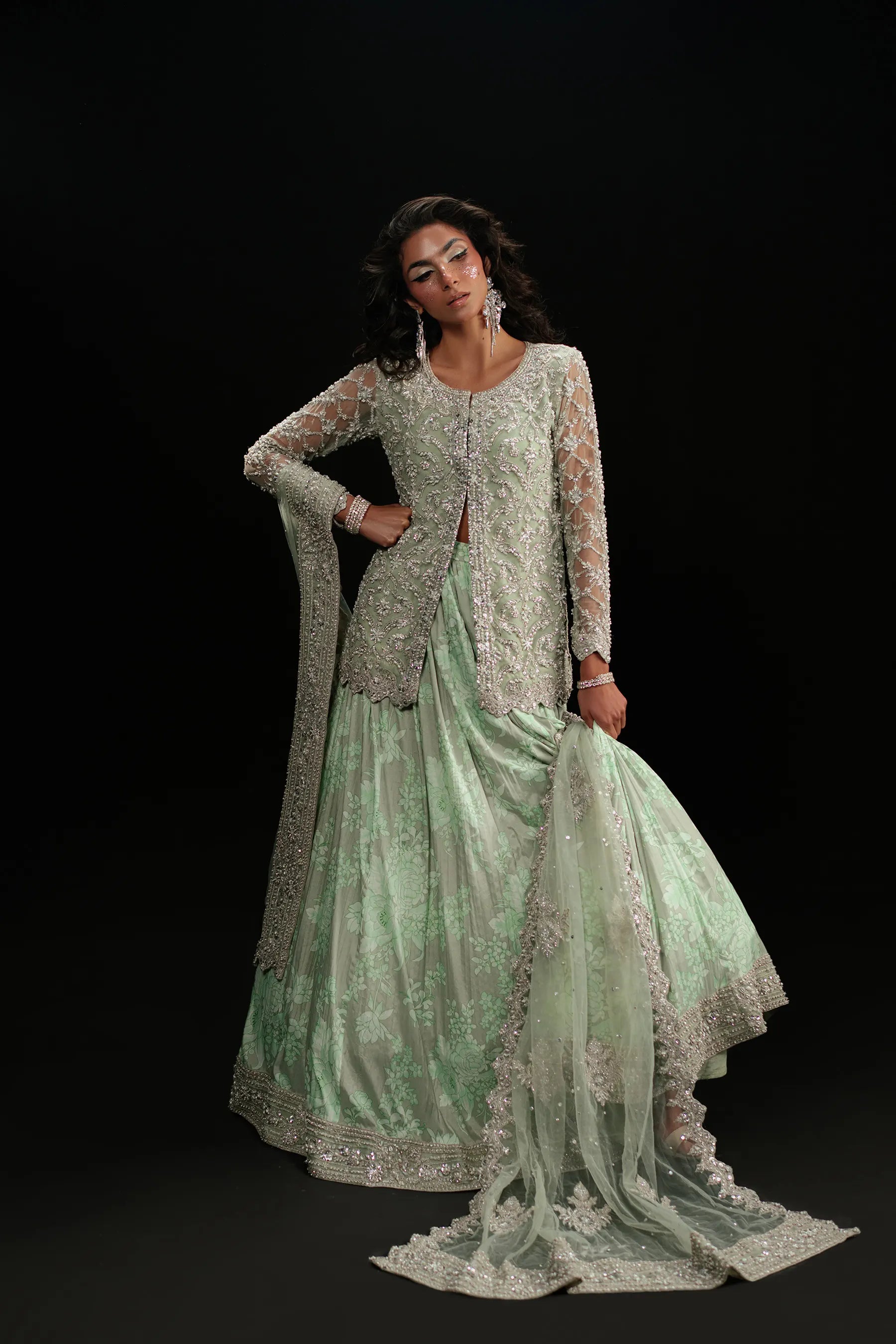Minty Printed Lehnga And Jewelled Jacket Set (D-05)