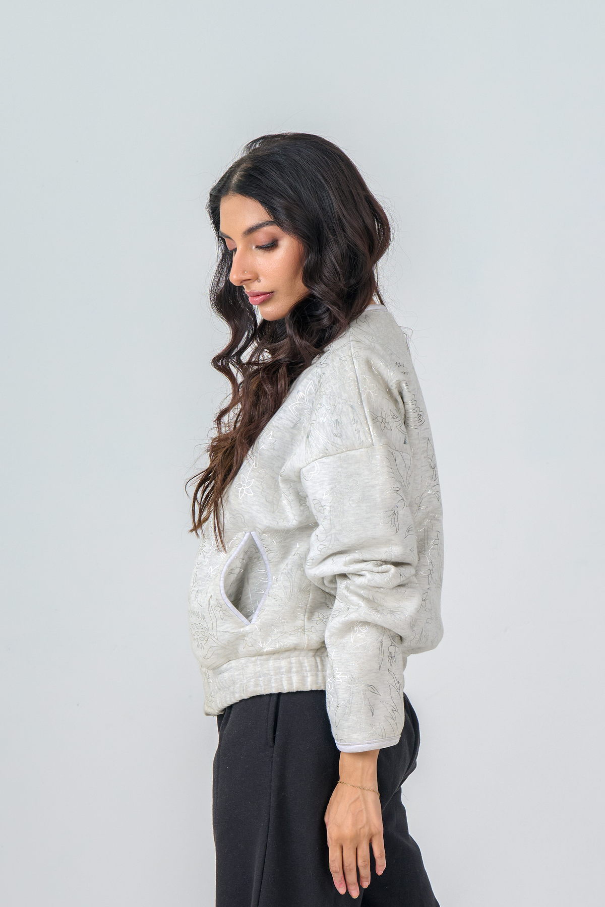 Cropped Zipper Jacket with Silver Foil Print (Heather Grey)