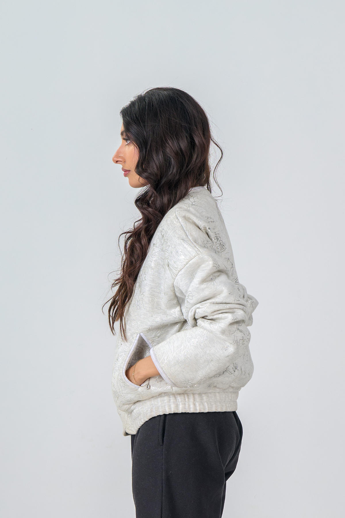 Cropped Zipper Jacket with Silver Foil Print (Heather Grey)