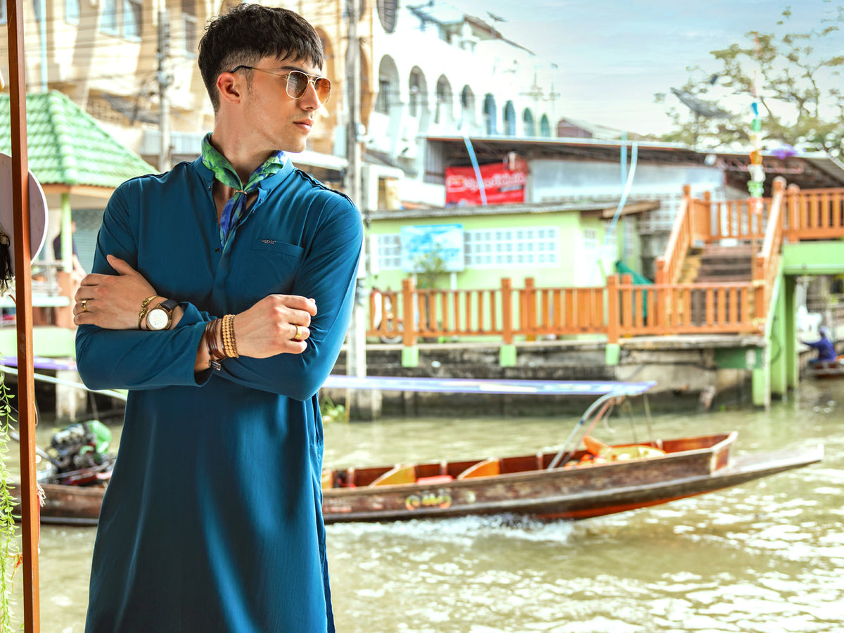 Teal Blue Blended Kurta - AL-K-1142