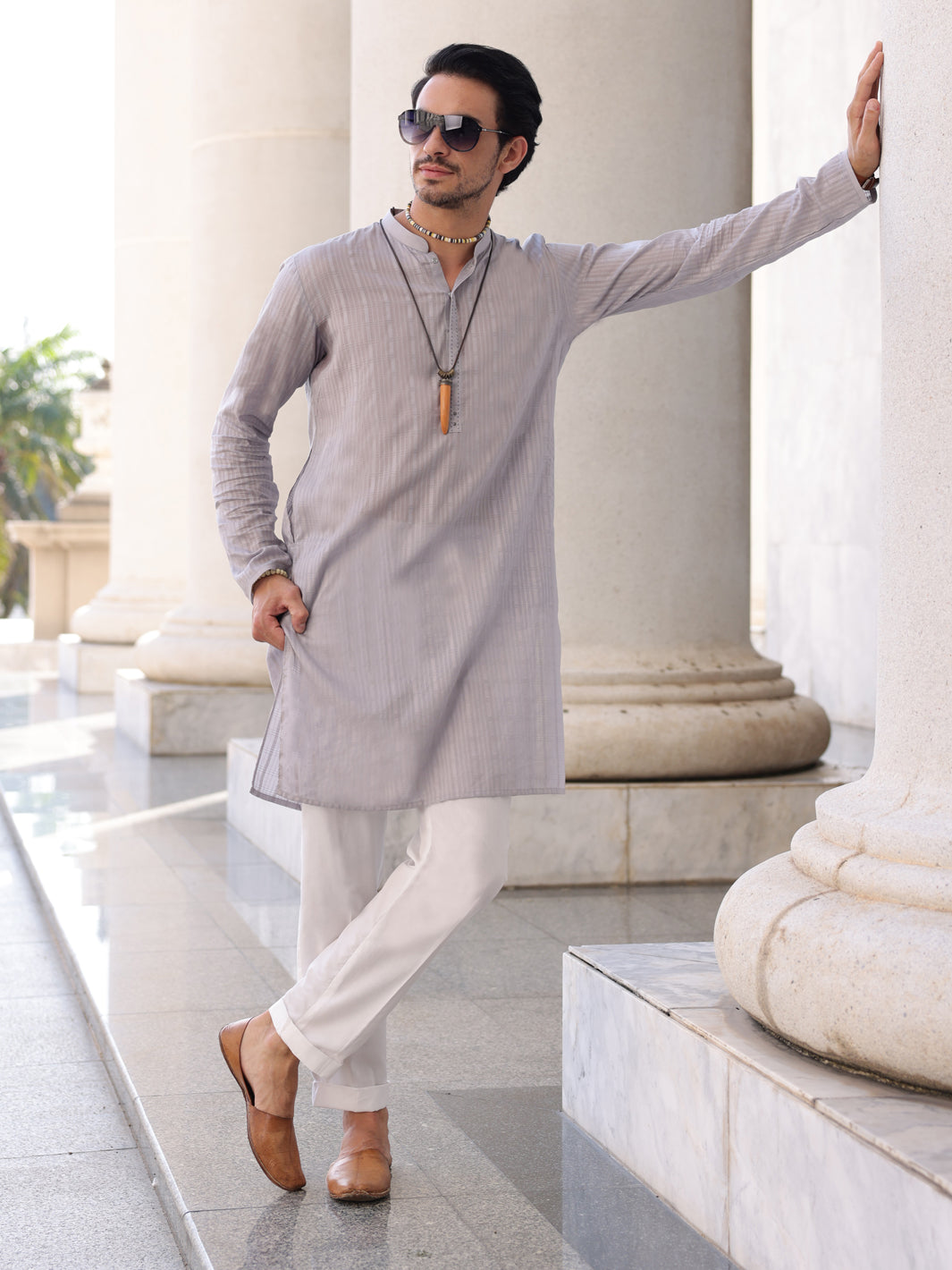 Light Grey Cotton Kurta - AL-K-1145A