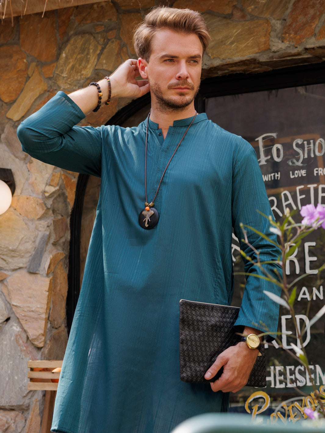 Teal Blue Cotton Kurta - AL-K-1146A