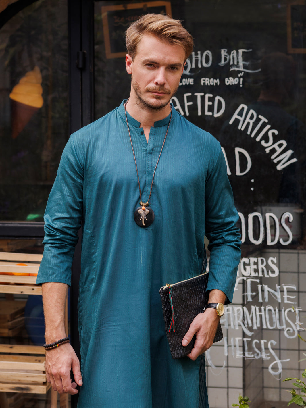 Teal Blue Cotton Kurta - AL-K-1146A