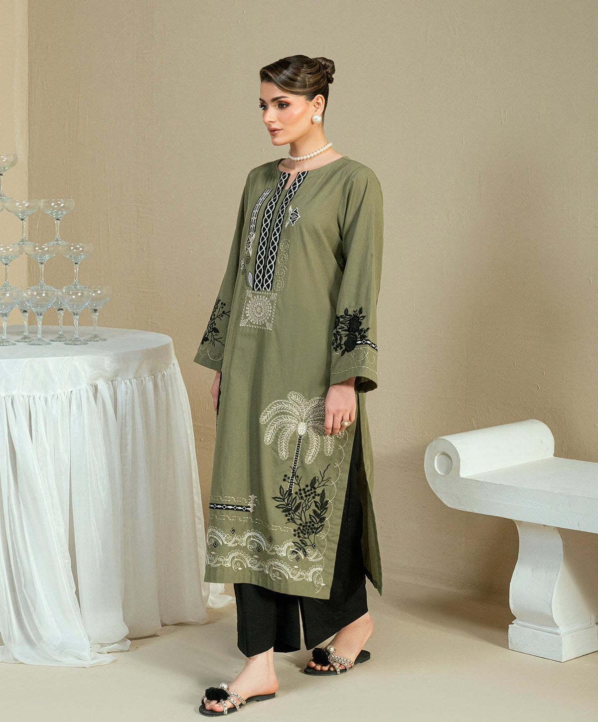 KEP-03 OLIVE-COTTON DOBBY STITCHED 2PC