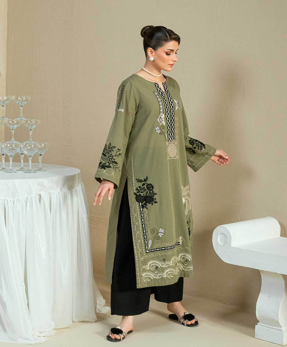 KEP-03 OLIVE-COTTON DOBBY STITCHED 2PC