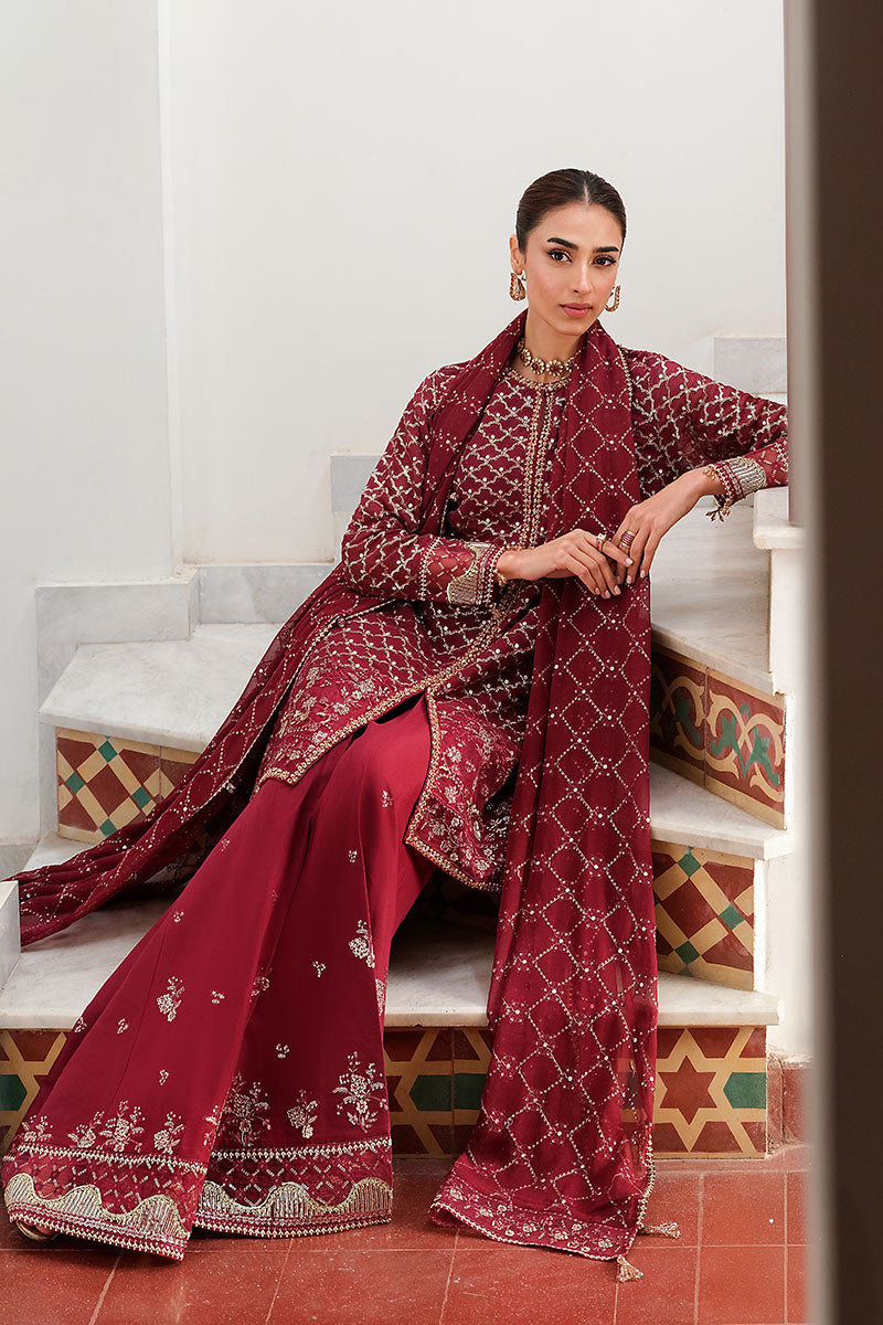 Crimson Cascade-3Pc Chiffon Embroidered Pret