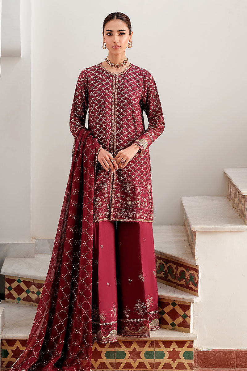 Crimson Cascade-3Pc Chiffon Embroidered Pret