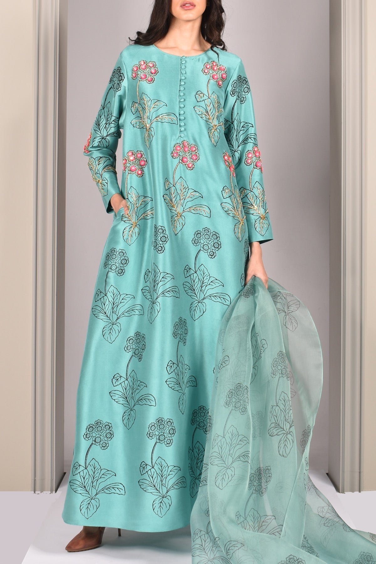 Waterfall Green Block Printed Embellished Maxi Dress Set
