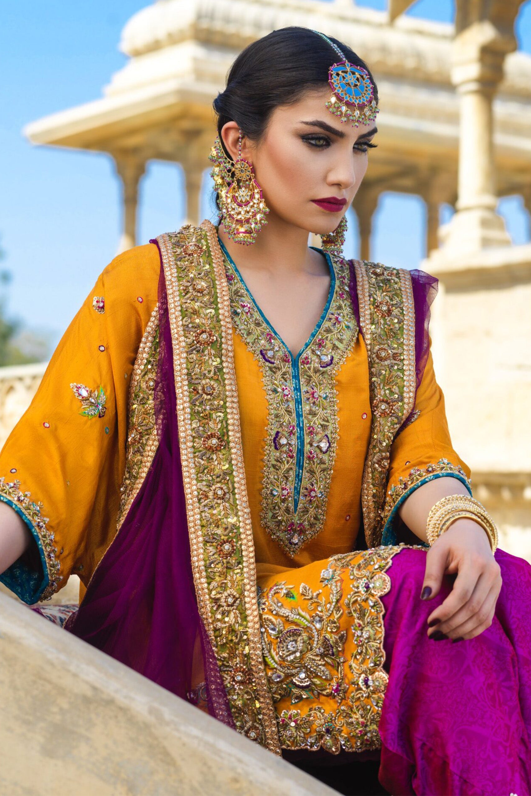 Yellow Multi Resham Hand Embroidered Tunic with Fuchsia Shalwar and Net Duputta/Fuchsia Chadar