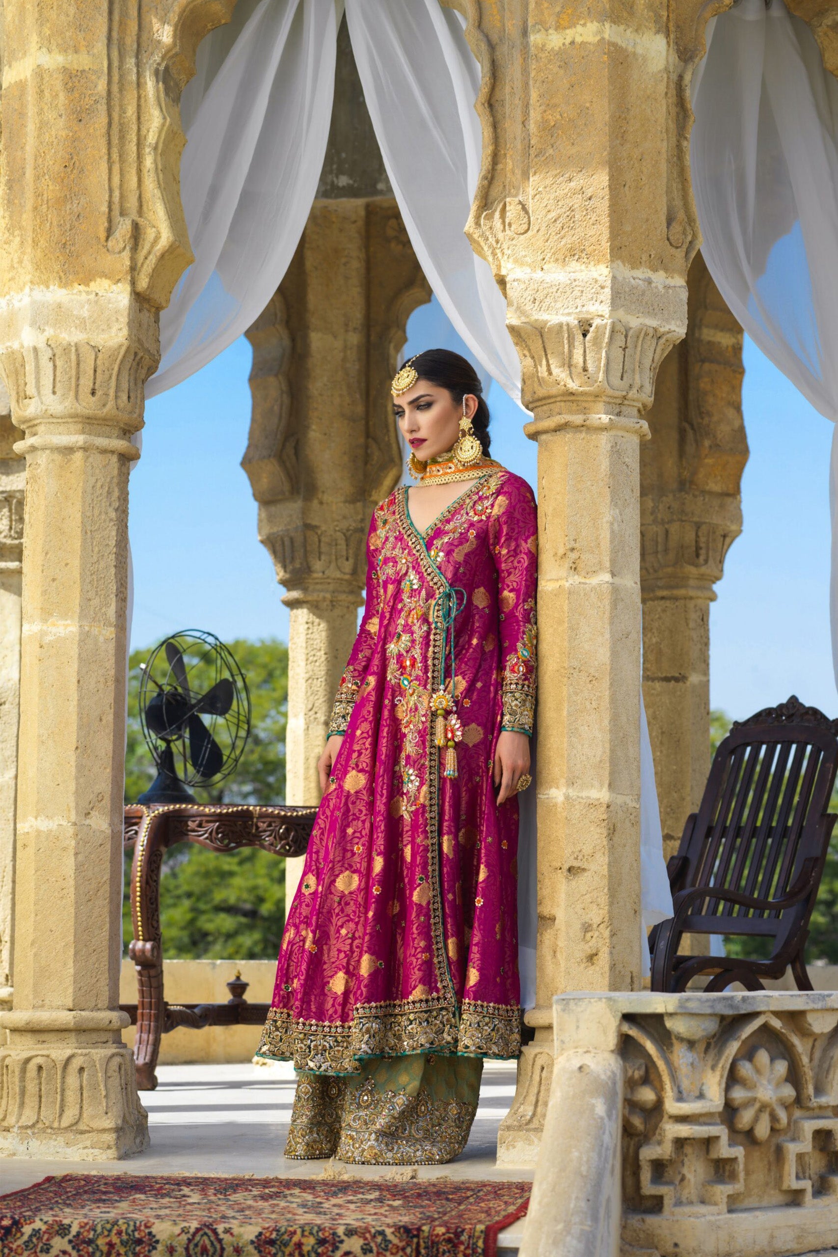 Magenta Jamawar Angarkha with Dhaka Pajama and Organza Dupatta