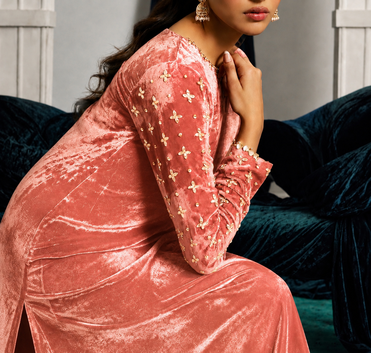 Salmon Velvet Kaftan