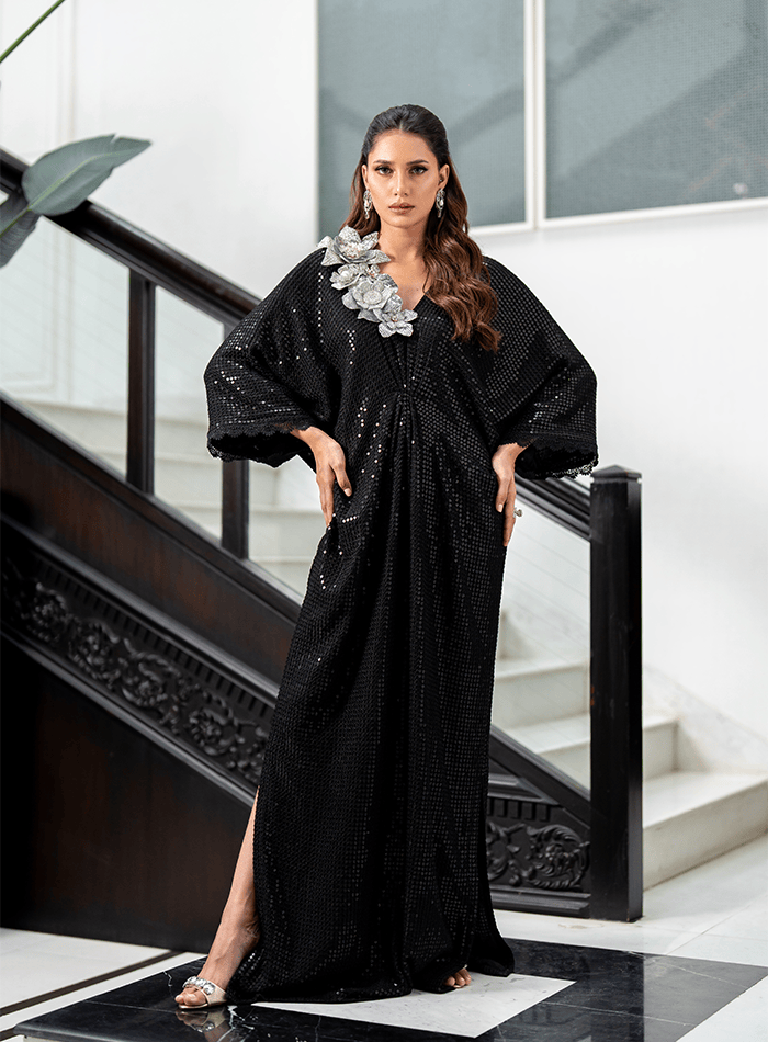 Black Sequined Kaftan with Crystal Encrusted Flowers