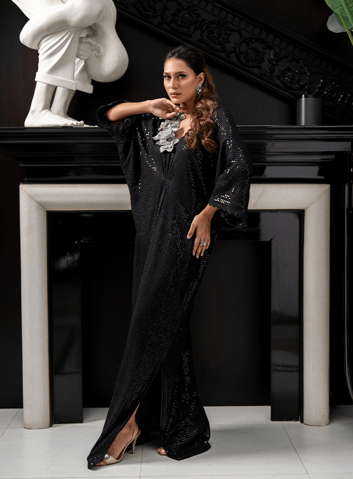 Black Sequined Kaftan with Crystal Encrusted Flowers