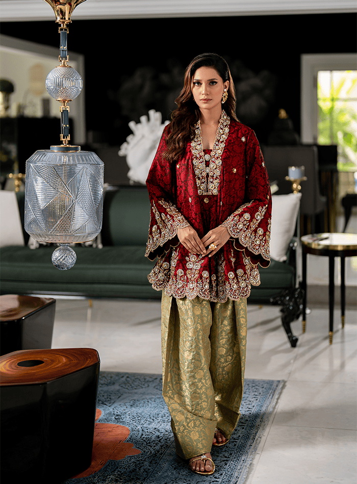 Red Embellished Bias Cut with Mint Green Farshi Shalwar