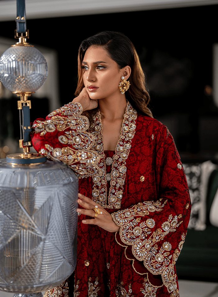 Red Embellished Bias Cut with Mint Green Farshi Shalwar
