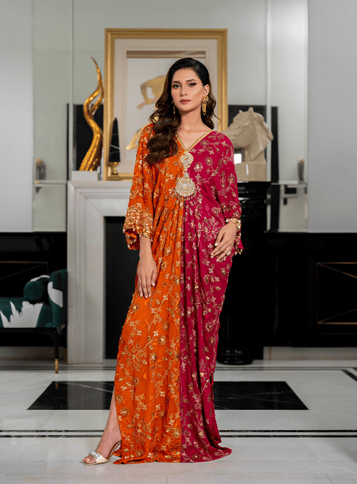 Pink and Orange Combination Kaftan with Hand Embellished Lacha