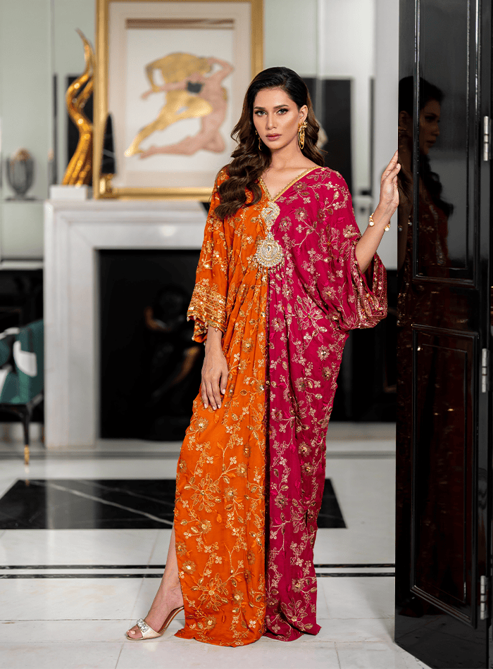 Pink and Orange Combination Kaftan with Hand Embellished Lacha
