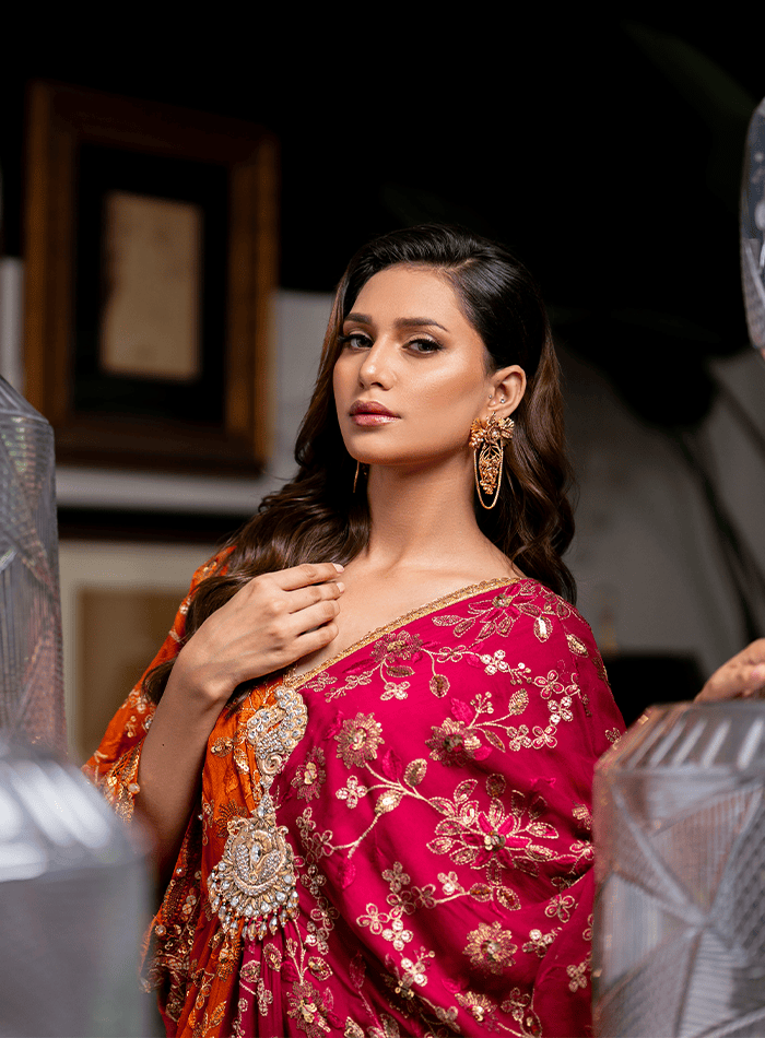 Pink and Orange Combination Kaftan with Hand Embellished Lacha