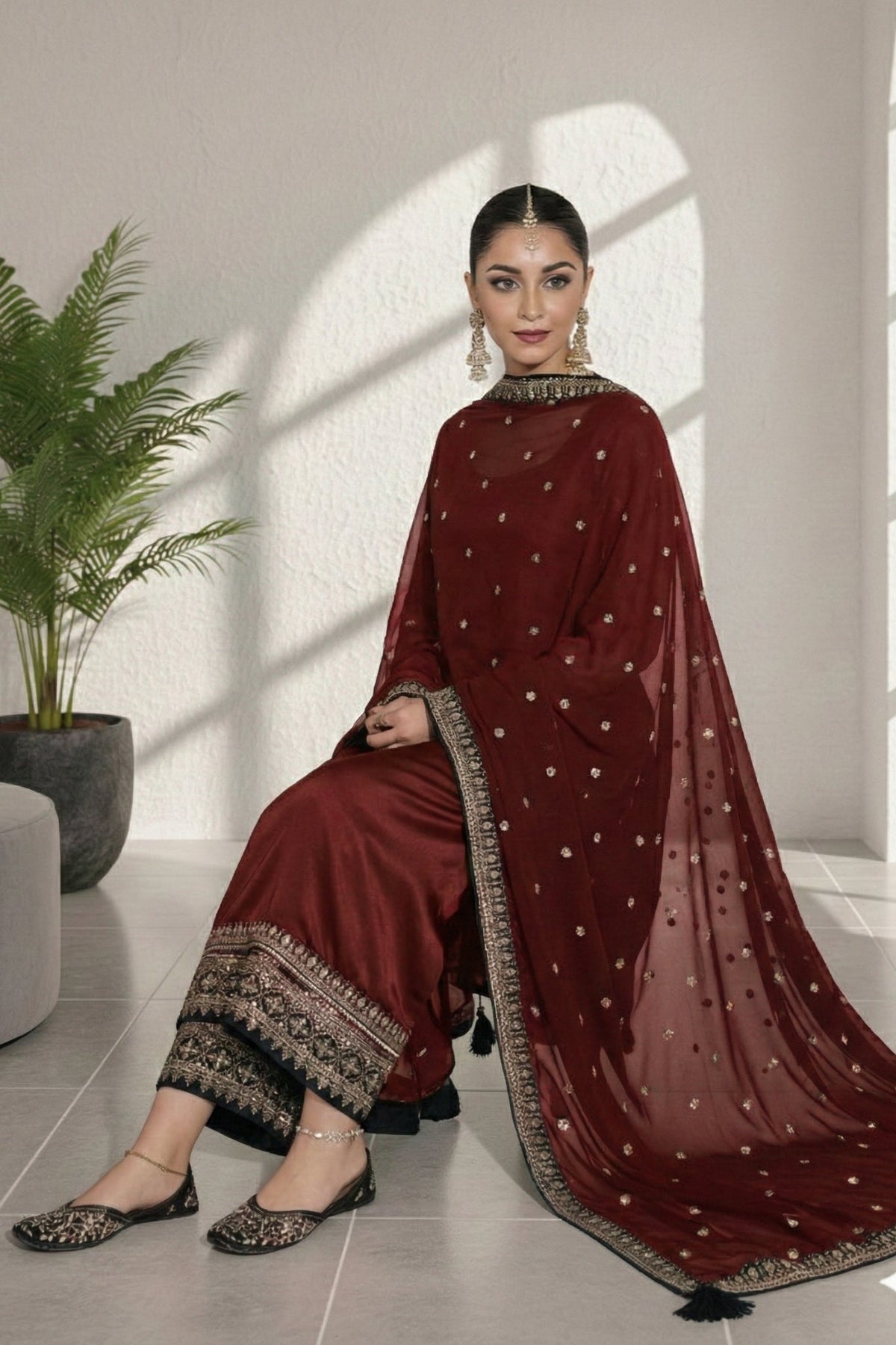 Maroon Desire 3 piece Embroidered Luxury Pret For Women
