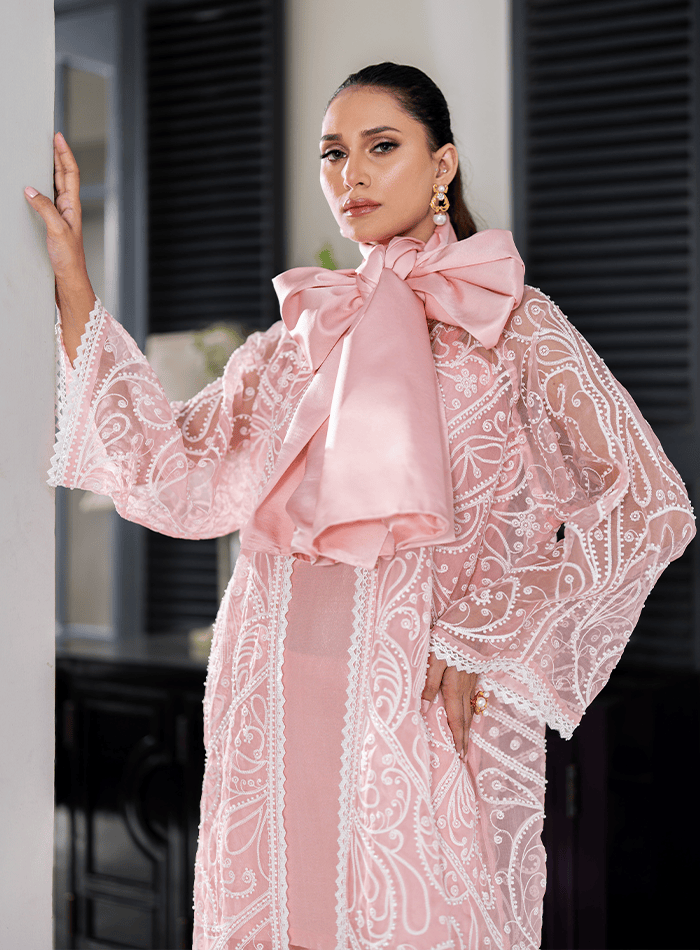 Pink Organza Pearl Embellished Coat with Slip and Trousers