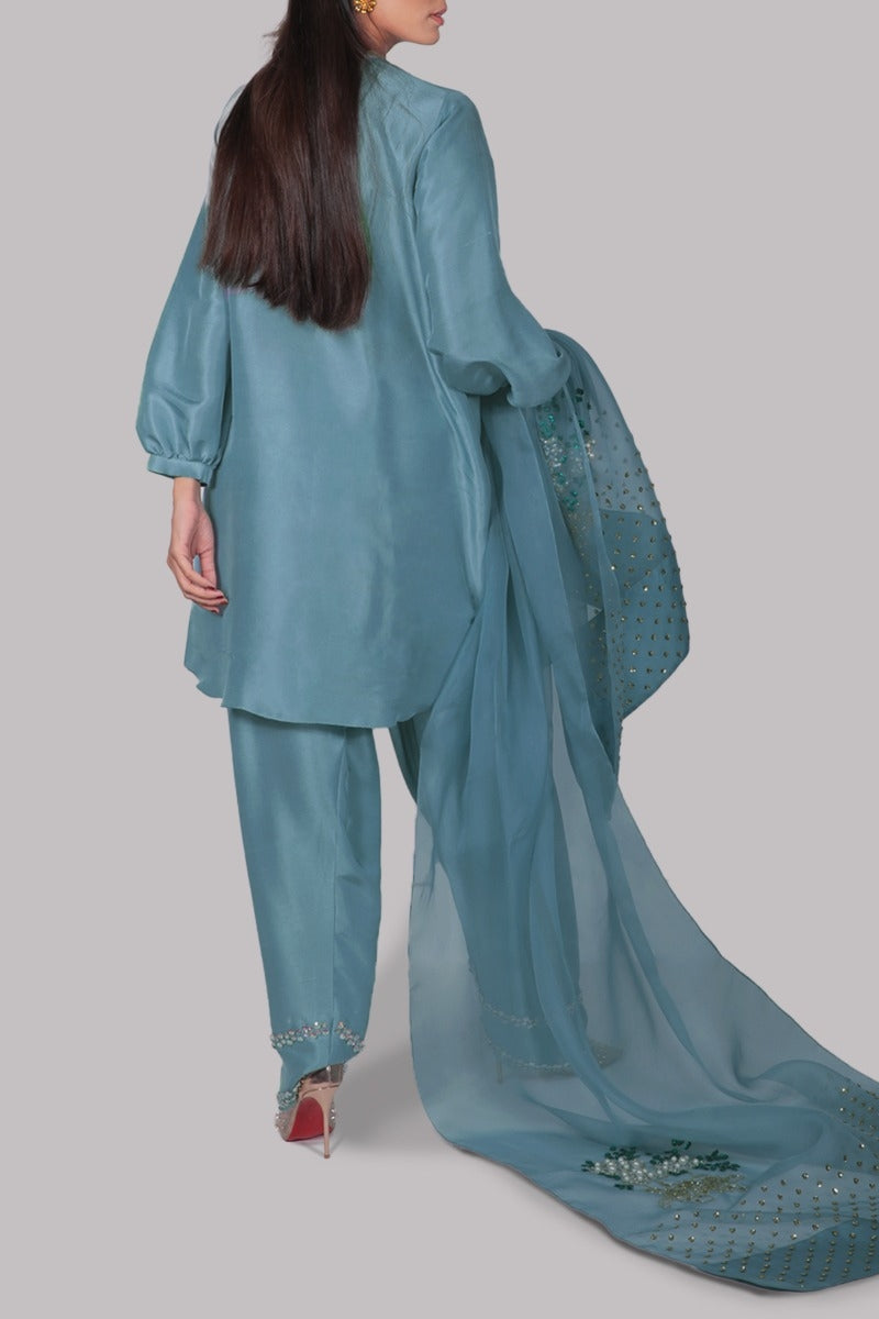 Aqua Raw Silk Set