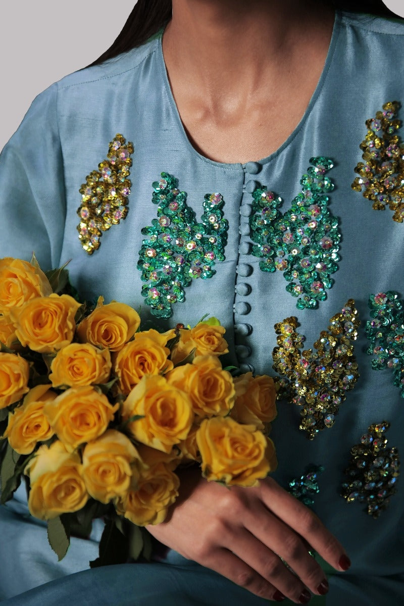 Aqua Raw Silk Set