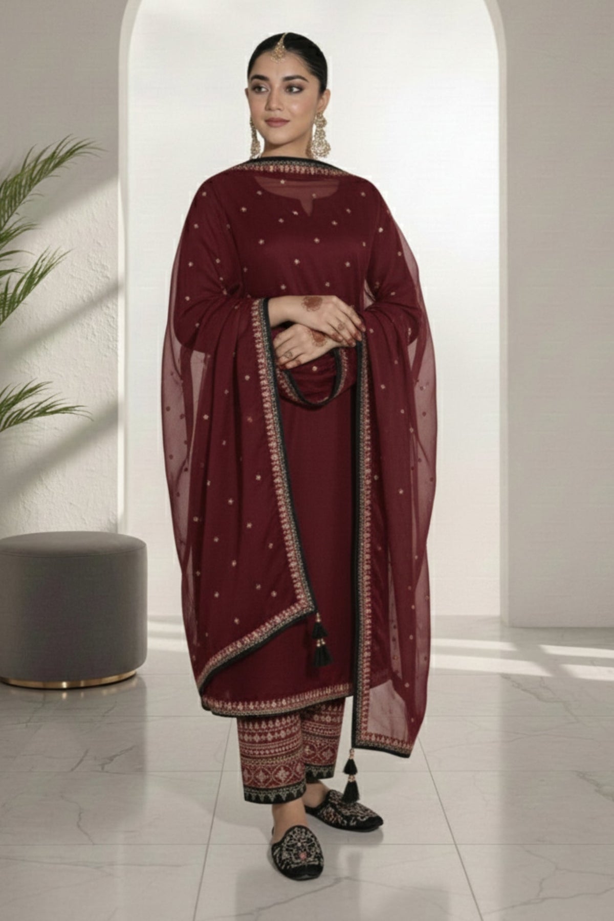 Maroon Desire 3 piece Embroidered Luxury Pret For Women