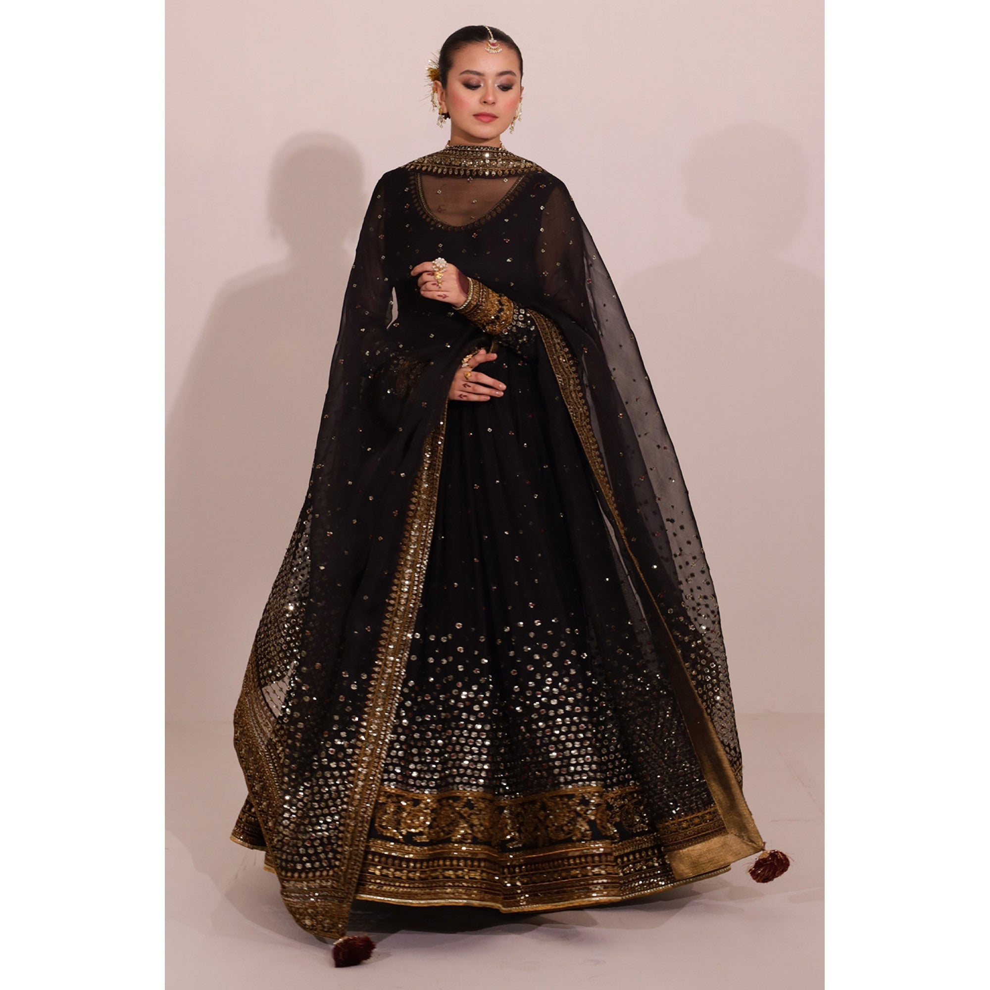 Jahan Ara Black Kalidar Suit | Chiffon Bamber Silk 3 Piece