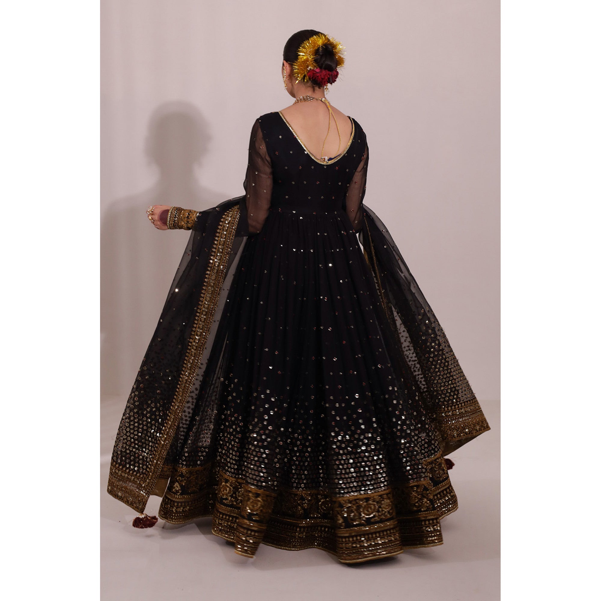 Jahan Ara Black Kalidar Suit | Chiffon Bamber Silk 3 Piece